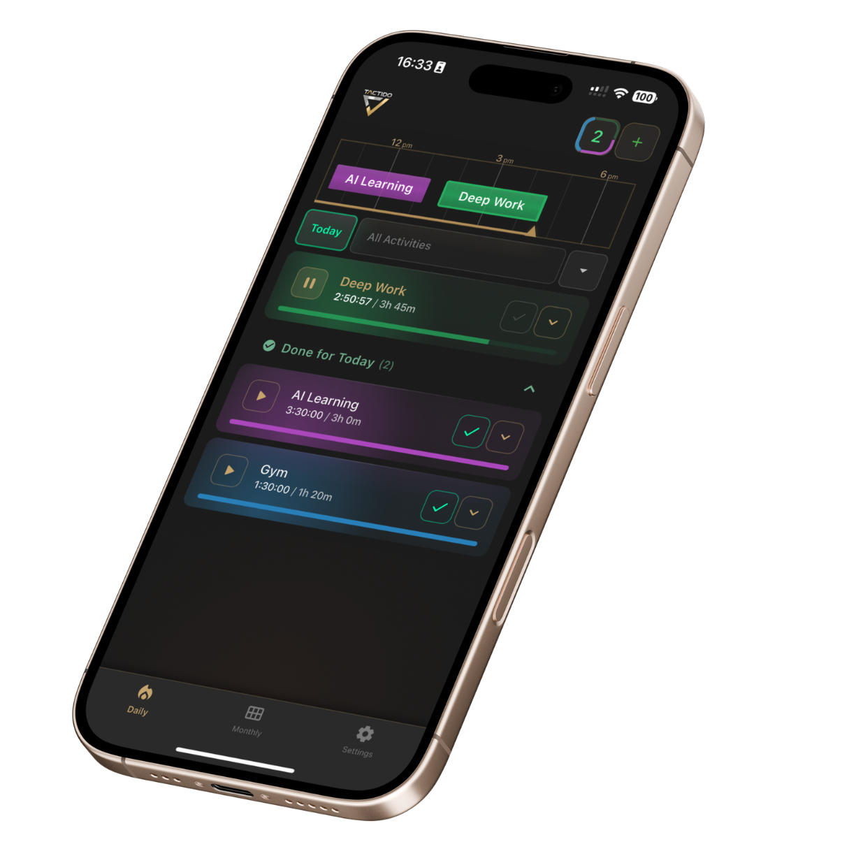 Aplikacja Tactido: widok śledzenia czasu